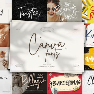 May include: A collage of 12 different font designs, each with a unique style and name. The fonts are displayed on various backgrounds, including a white background with the text "Canva fonts" in a brown font.