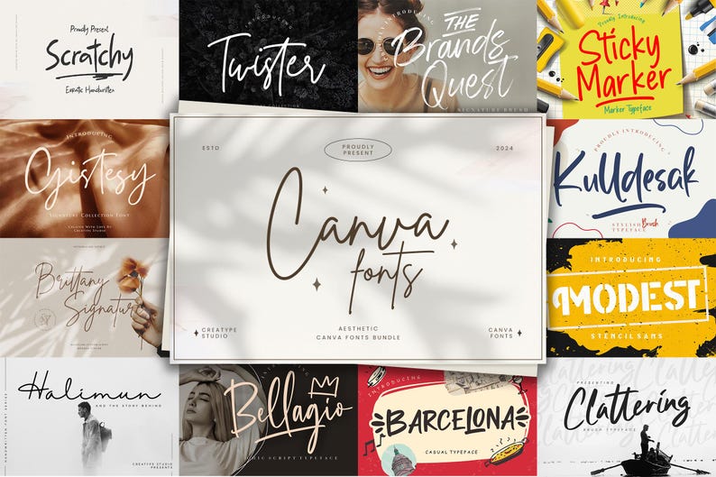 May include: A collage of 12 different font designs, each with a unique style and name. The fonts are displayed on various backgrounds, including a white background with the text "Canva fonts" in a brown font.