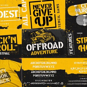 May include: A yellow and black graphic design featuring the font "Modest Stencil Sans". The font is displayed in various styles and sizes, including all caps, lowercase, and numbers. The design also includes a graphic of a jeep, a skateboard, and a guitar.