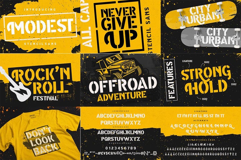 May include: A yellow and black graphic design featuring the font "Modest Stencil Sans". The font is displayed in various styles and sizes, including all caps, lowercase, and numbers. The design also includes a graphic of a jeep, a skateboard, and a guitar.