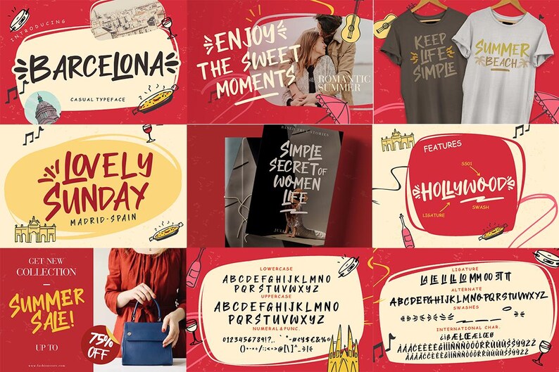 May include: A colourful graphic design featuring the text "Barcelona" in a casual typeface. The design also includes a red and white striped awning, a red and white striped umbrella, and a red and white striped building. The design is set against a white background.