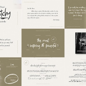 May include: A digital download of a handwritten font called "Scratchy" with a brown background. The font is shown in various sizes and styles, including uppercase and lowercase letters, numbers, and symbols. The font is described as "expatic handwritten".