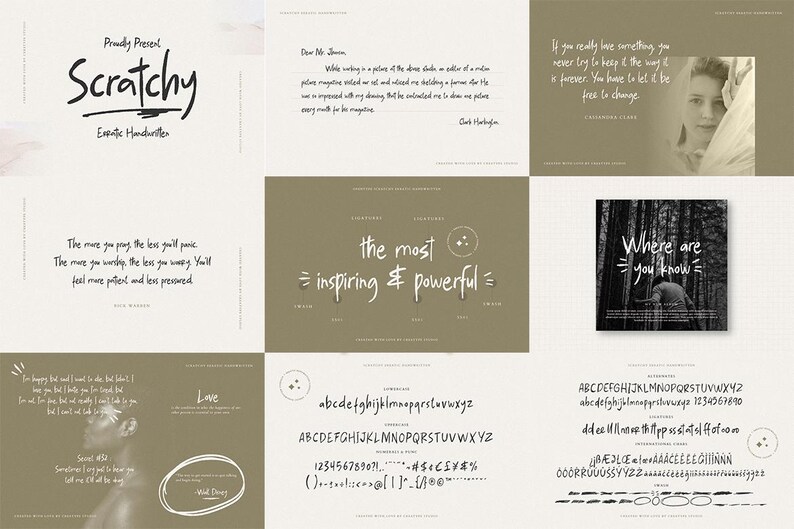 May include: A digital download of a handwritten font called "Scratchy" with a brown background. The font is shown in various sizes and styles, including uppercase and lowercase letters, numbers, and symbols. The font is described as "expatic handwritten".