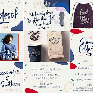 May include: A colourful graphic design featuring a handwritten font called "Kulldesak" with the words "Summer Collection" and "Good Vibes" in a purple drawstring bag and "Summer Paradise" in an orange drawstring bag. The font is a stylish brush typeface with ligatures and swashes.