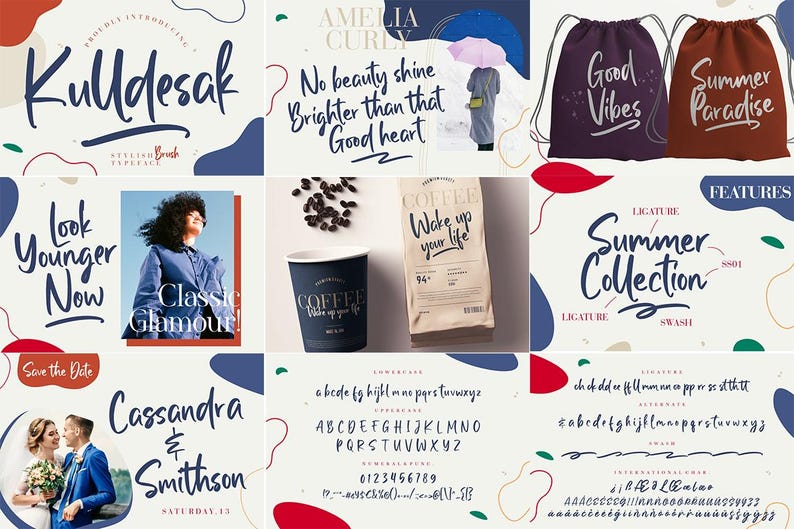 May include: A colourful graphic design featuring a handwritten font called "Kulldesak" with the words "Summer Collection" and "Good Vibes" in a purple drawstring bag and "Summer Paradise" in an orange drawstring bag. The font is a stylish brush typeface with ligatures and swashes.