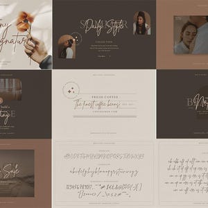 May include: A collection of digital design elements featuring a handwritten font in a variety of styles. The font is used in different designs, including a logo for a coffee shop, a wedding invitation, and a social media post. The font is also shown in a variety of colours and sizes.