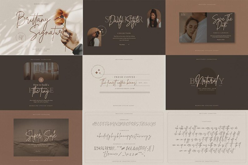 May include: A collection of digital design elements featuring a handwritten font in a variety of styles. The font is used in different designs, including a logo for a coffee shop, a wedding invitation, and a social media post. The font is also shown in a variety of colours and sizes.