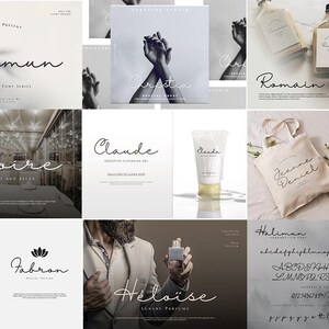 May include: A collection of logos featuring handwritten fonts in various styles. The logos are displayed on a variety of backgrounds, including white, grey, and brown. The fonts are all elegant and stylish, and they would be perfect for use in branding, packaging, and other design projects.