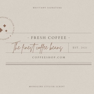May include: A logo for a coffee shop called "Fresh Coffee" with the tagline "The finest coffee beans". The logo is in a brown color and features a stylized script font. The shop's website address, "coffeeshop.com", and the year it was established, "EST. 2021", are also included in the logo.