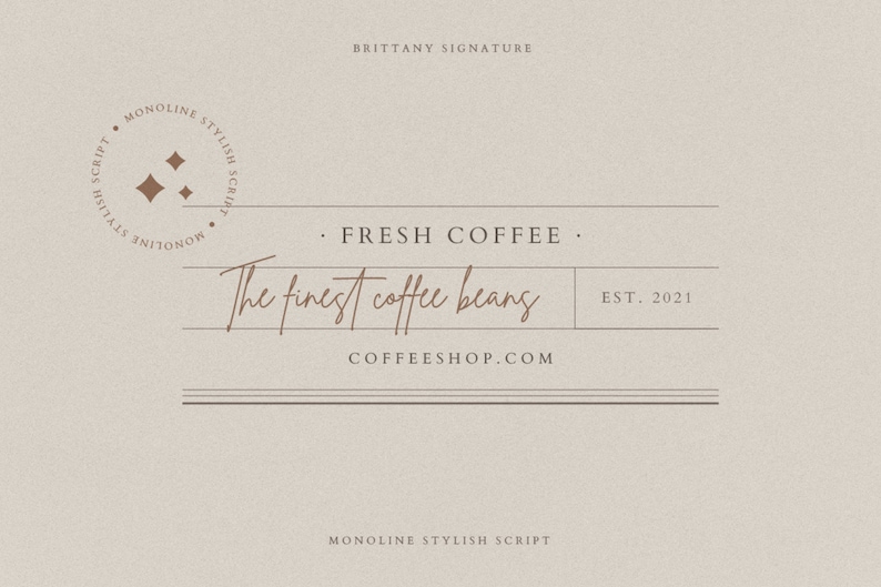 May include: A logo for a coffee shop called "Fresh Coffee" with the tagline "The finest coffee beans". The logo is in a brown color and features a stylized script font. The shop's website address, "coffeeshop.com", and the year it was established, "EST. 2021", are also included in the logo.