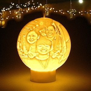 Custom Portrait Ornament Ball / Moon Lamp Personalized Photo & Text, 3D printed Lithophane LED Night Light. Valentines Gift, Christmas Decor