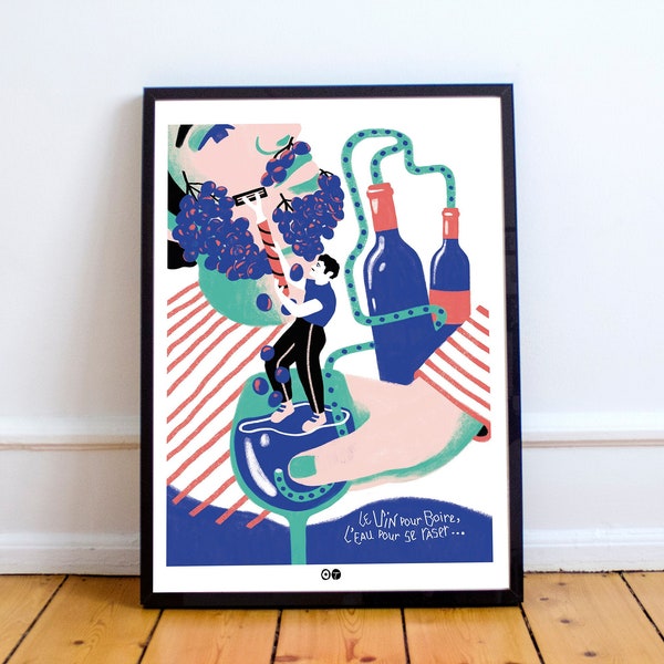 AFFICHE VIN - Bouteille - oenologie - bouchon - illustration - print - cadre - raisin - alcool - france - décoration