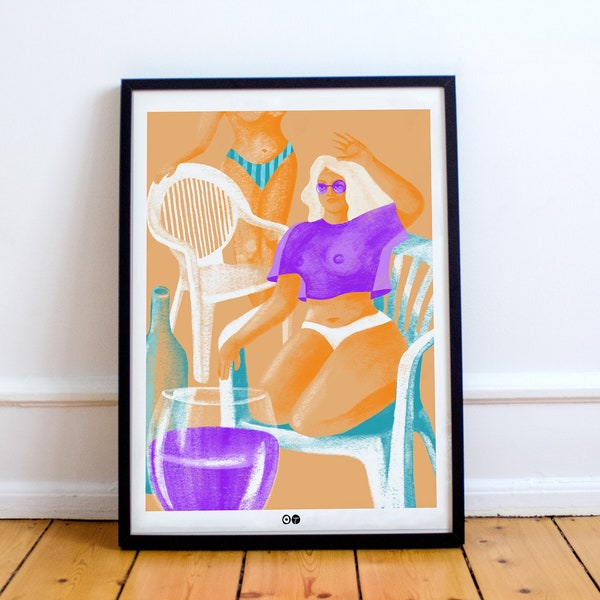 AFFICHE CHAISE PLASTIQUE - Femme - Maillot - Vin - Couleurs - été - cadeau - terrasse - corps -