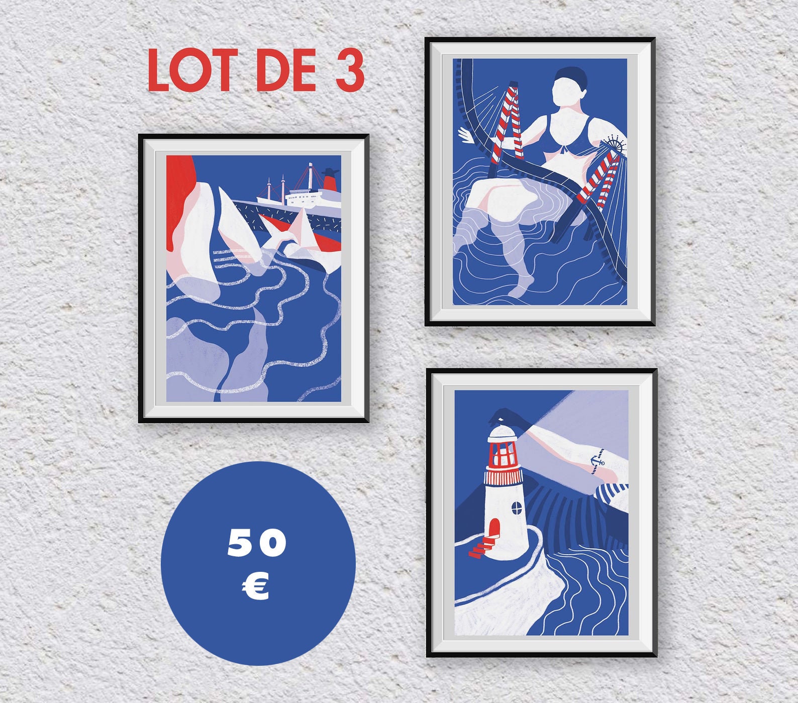 Lot 3 Affiches - Bateau Pont et Phare Port Mer Nage Poster St Nazaire Côte Bateau Paquebot Cadeau Pa
