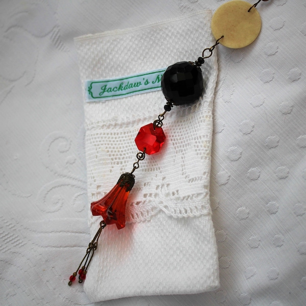 Long Necklace, Vintage Glass Beads, Red, Black and Cream, Chandelier crystal, Flower, Skulls, Lace, and Gaming Counters
