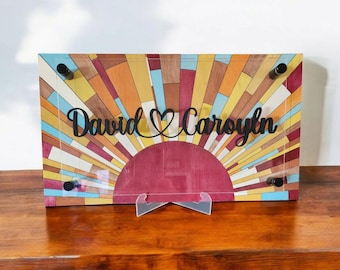 Personalized Sunrise table decor. Boho Sunrise Shel Sitter. Personalized wedding gift.