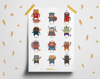 Cat superhero nursery wall decor, Boy bedroom decor, Superheroes set, Nursery Art Decor, Superhero kids room, Party Decor Poster, Gift