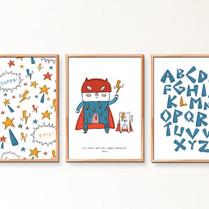 Custom Little Superhero Nursery Wall Decor, Set Brave little hero art print, Custom Alphabet new baby boy gift, Kids room super hero