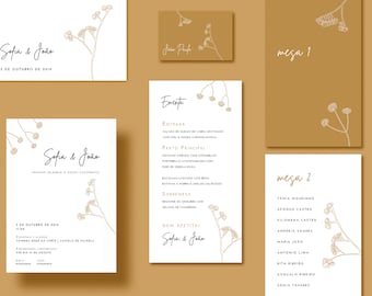 Simple Wedding Invitation Set Template, Floral Wedding Stationery, Printable Botanical Invitation, Rustic Wedding Invitation Download