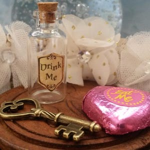 Drink Me Alice In Wonderland Inspired Glass Bottle with Eat Me Sweet & Key image 1