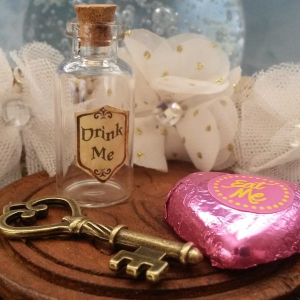 Drink Me Alice In Wonderland Inspired Glass Bottle with Eat Me Sweet & Key