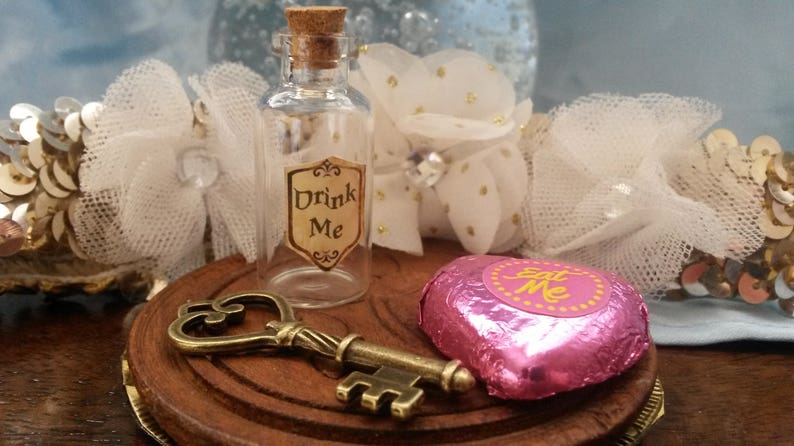 Drink Me Alice In Wonderland Inspired Glass Bottle with Eat Me Sweet & Key image 1