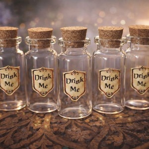 Bouteilles « Bois-moi » inspirées d'Alice au pays des merveilles, mini-bouteilles de potion en verre, cadeaux de mariage magiques, décorations de fête féérique, lot de 5