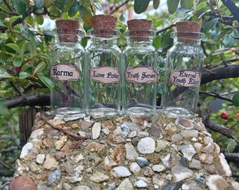4 Magic Potion Bottles Set — Truth Serum, Love Potion, Karma Elixir & Eternal Youth — Unique Halloween Party Favors, Witchcraft, Fairy Tale