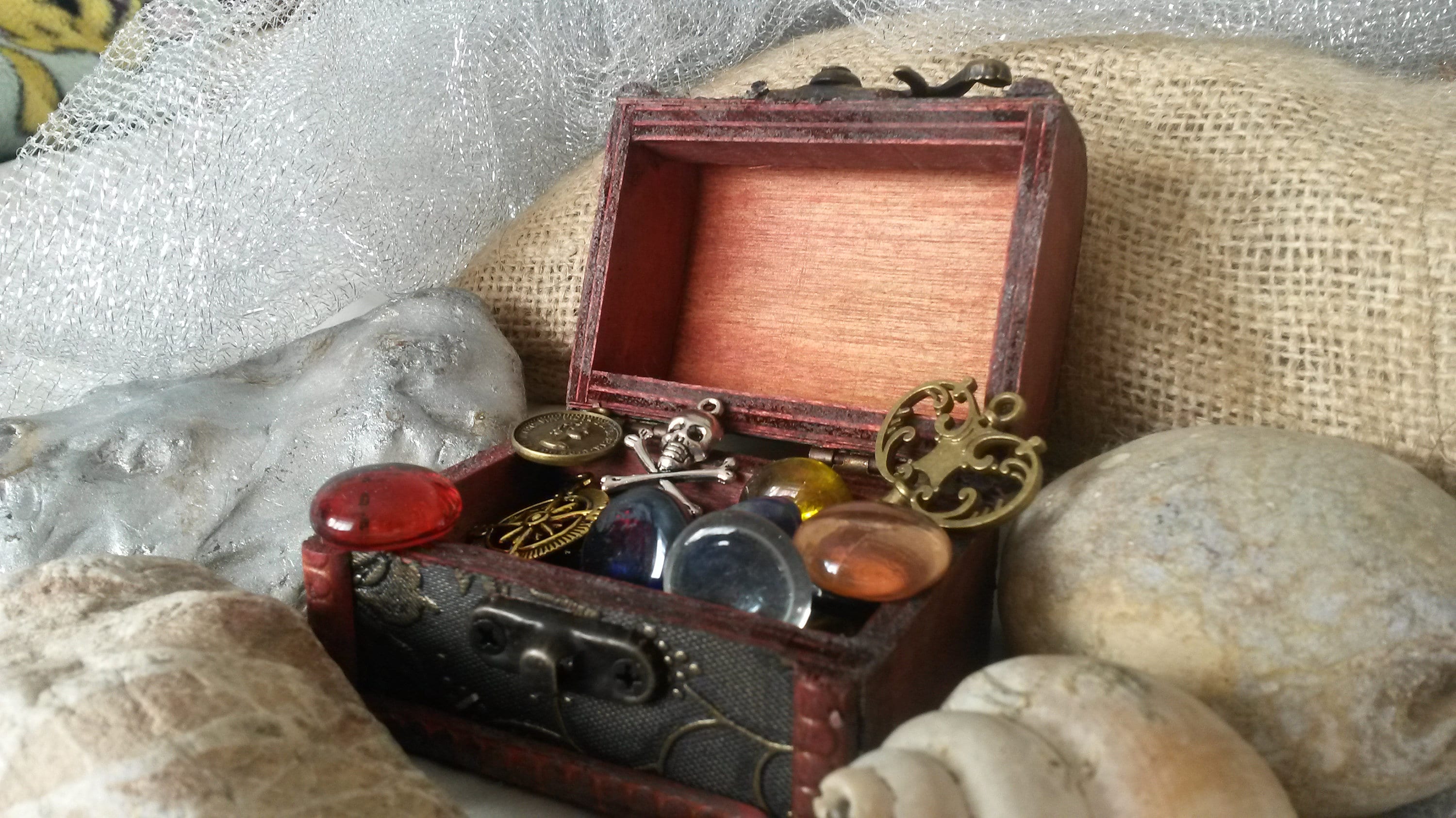 Mini Wooden Treasure Chest filled with glittering pirate jewels
