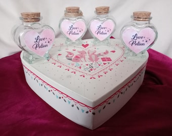 Love Potion 80ml glass heart shape bottles set of 4 - Wedding Favours or Valentine gift