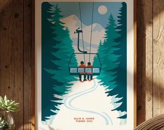 Customised Couples Ski Poster Gift for Skiers Engagement present for Ski couple, Friend Ski Gift