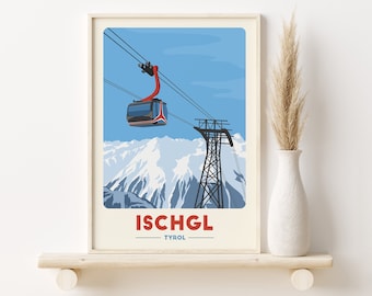 Ischgl Gondola print, Tyrol, Vintage Travel Poster, Skiing Art, Ski Gifts, Ski decor