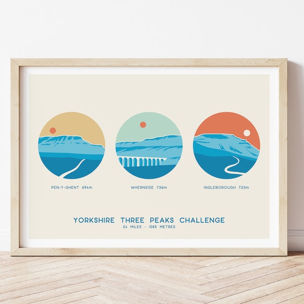 Yorkshire Three Peaks Challenge poster, Pen-Y-Ghent, Whernside, Ingleborough. Three Peaks