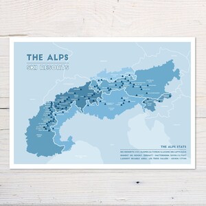 Carte des stations de ski des Alpes, France, Suisse, Autriche, Allemagne, Italie, Slovénie, cadeau ski, cadeau unique