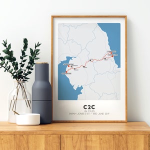 Impression de carte cycliste C2C, itinéraire cyclable d'une côte à l'autre, impression de cyclisme