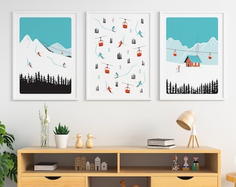 Set of 3 Ski Posters, Ski prints, Skiers posters, Mountain poster