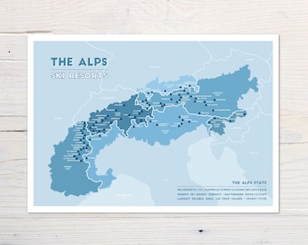 The Alps Ski Resort Map, France, Switzerland, Austria, Germany, Italy, Slovenia, Ski Gift, Unique Present, digital download