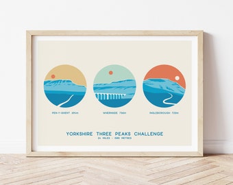 Yorkshire Three Peaks Challenge poster, Pen-Y-Ghent, Whernside, Ingleborough. Three Peaks