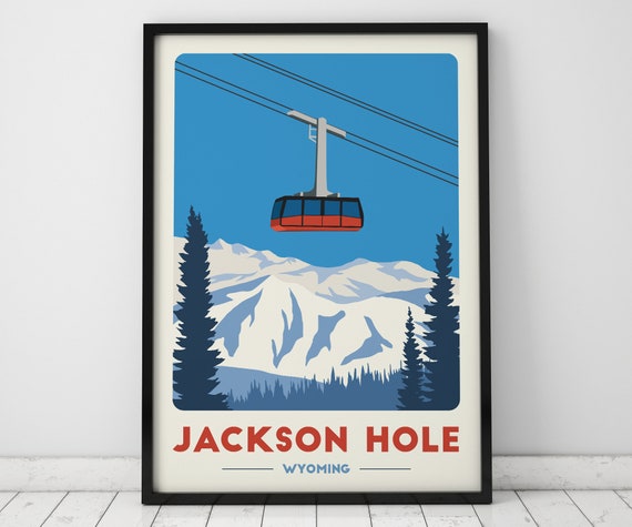 Jackson Hole Gondola print, Vintage Travel Poster, Skiing Art