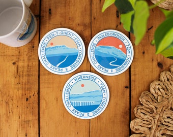 Yorkshire 3 Peaks Challenge coasters, Set of 3 Coasters, Pen y Ghent, Whernside, Ingleborough