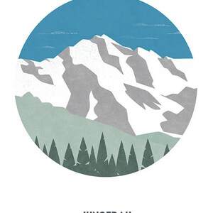 May include: A stylized illustration of a mountain peak with snow on top, surrounded by a blue sky and green trees. The text "JUNGFRAU 4,158 M" is below the mountain.
