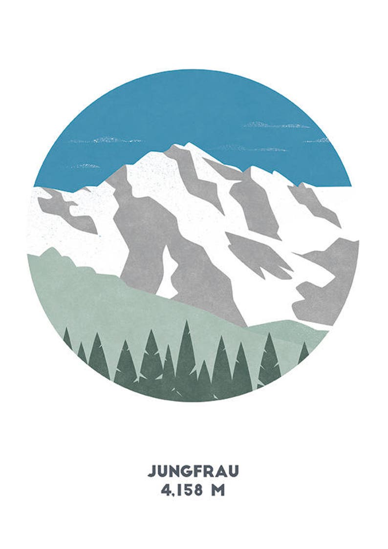 May include: A stylized illustration of a mountain peak with snow on top, surrounded by a blue sky and green trees. The text "JUNGFRAU 4,158 M" is below the mountain.