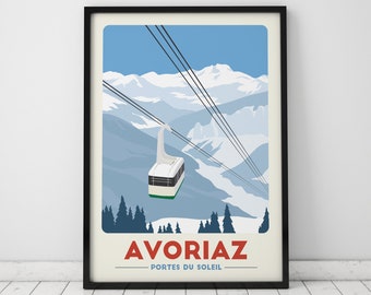 Avoriaz Gondola print, Morzine artwork, Portes Du Soleil, Ski Resort Poster