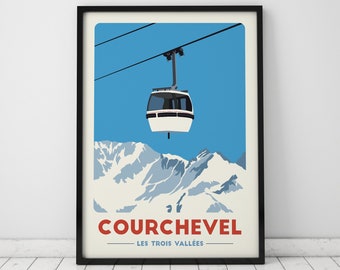 Courchevel Gondola print, Vintage Travel Poster, French alps Ski resort, Skiing Art