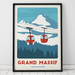 May include: A retro-style poster with a blue, white and red colour scheme. It features a mountain range with a snowy peak and two red cable cars. The text "GRAND MASSIF" is in bold, white letters with the words "HAUTE-SAVOIE" in smaller, white letters below.