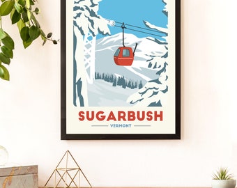 Sugarbush Gondola print, Vintage Travel Poster, Skiing Art