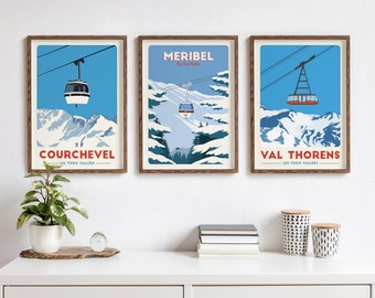 Set of 3 Ski resort posters - Les 3 Valleys, Meribel, Val Thorens, Courchevel