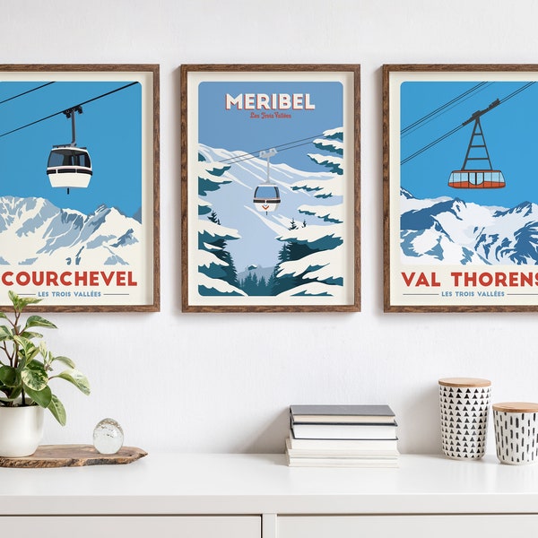 Set of 3 Ski resort posters - Les 3 Valleys, Meribel, Val Thorens, Courchevel