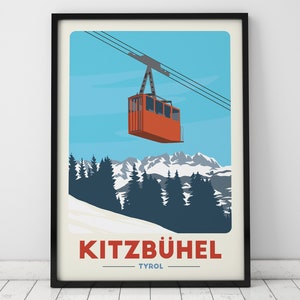 Kitzbuhel Gondola print, vintage Travel Poster, Autriche Ski Art