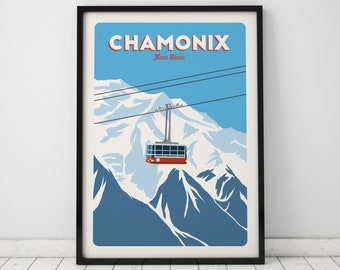Chamonix Ski lift print, Chamonix Ski Poster, Ski Resort print, Gondola print, Mont Blanc, Vintage Travel Poster, Skiing Art